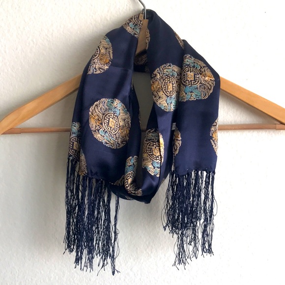 100% Silk Scarf Navy Blue Dragon Motif Double Sided Scarf - Picture 7 of 9